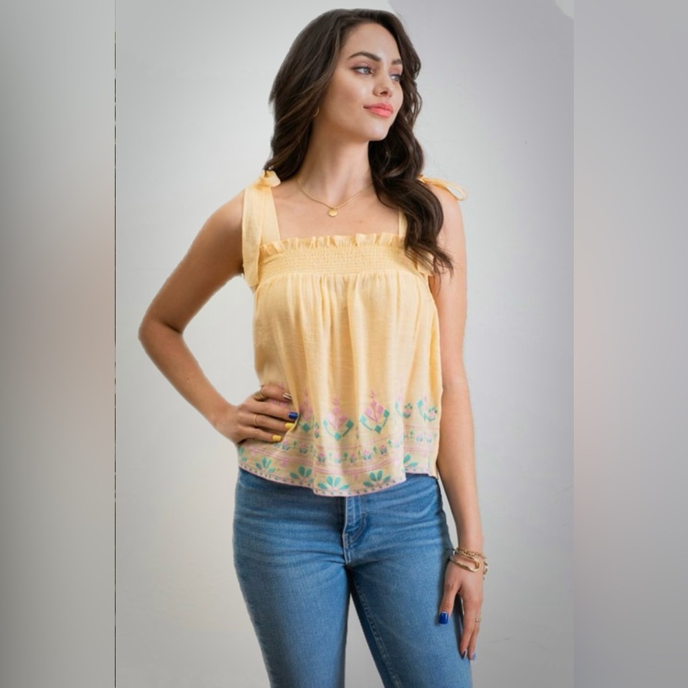 Yellow floral embroidered smocked tank top